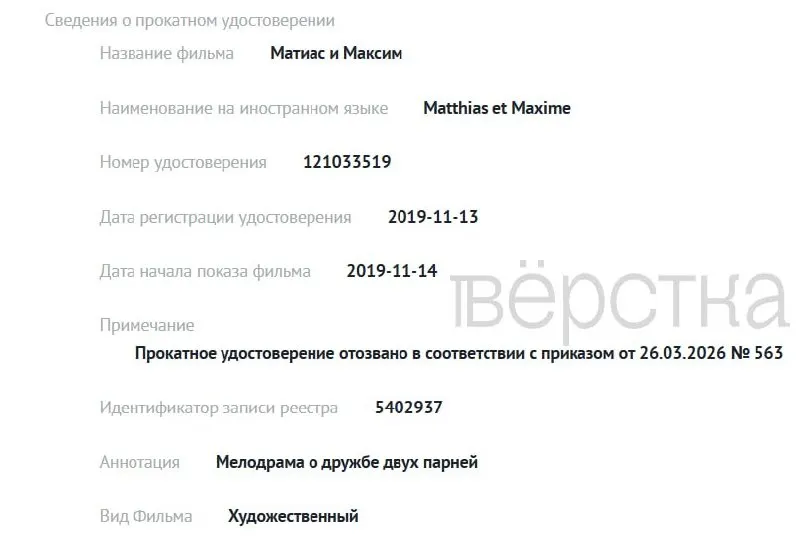 С 1 марта министерство лишило прокатных удостоверений как минимум семь картин — три зарубежные с ЛГБТ-тематикой и четыре российских фильма; в реестре причины отзыва не раскрываются.