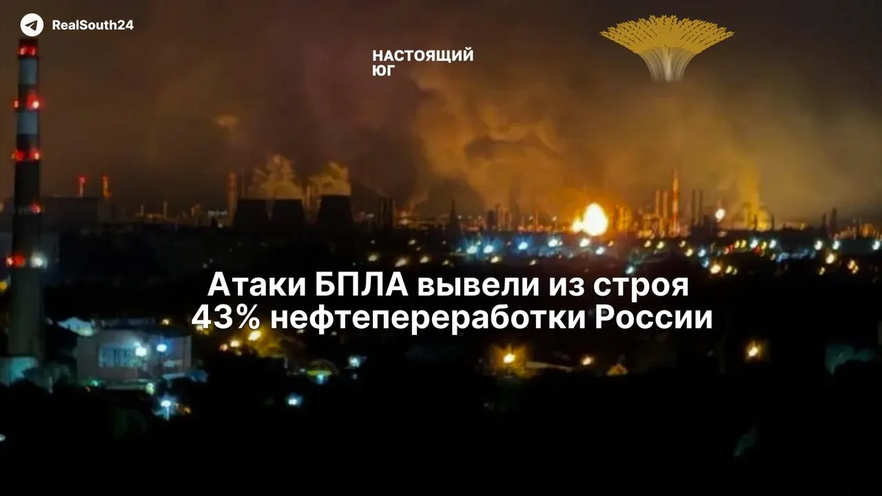 Систематические удары беспилотников повредили около 43% мощностей по переработке нефти: 8 из 10 крупнейших НПЗ пострадали. Из‑за санкций оперативный ремонт затруднён, это вызывает дефицит топлива и требования компенсаций от работников.