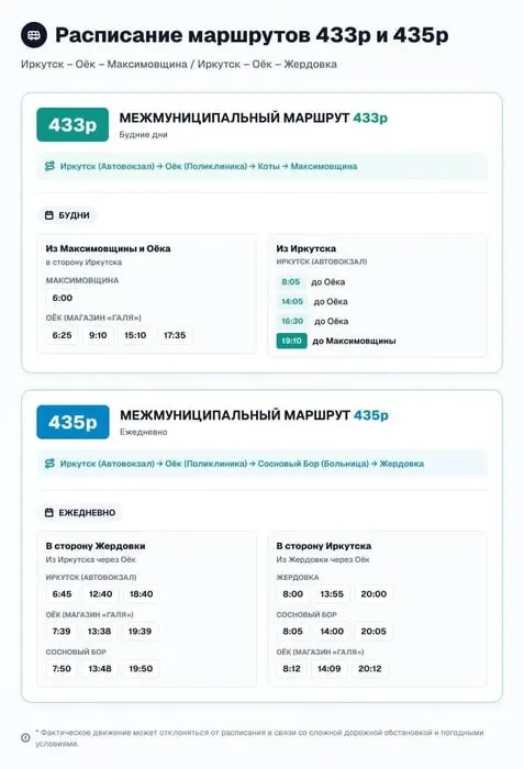 С 1 октября запущены два новых маршрута: Иркутск — Максимовщина и Иркутск — Жердовка; тарифы — 136 и 117 рублей.