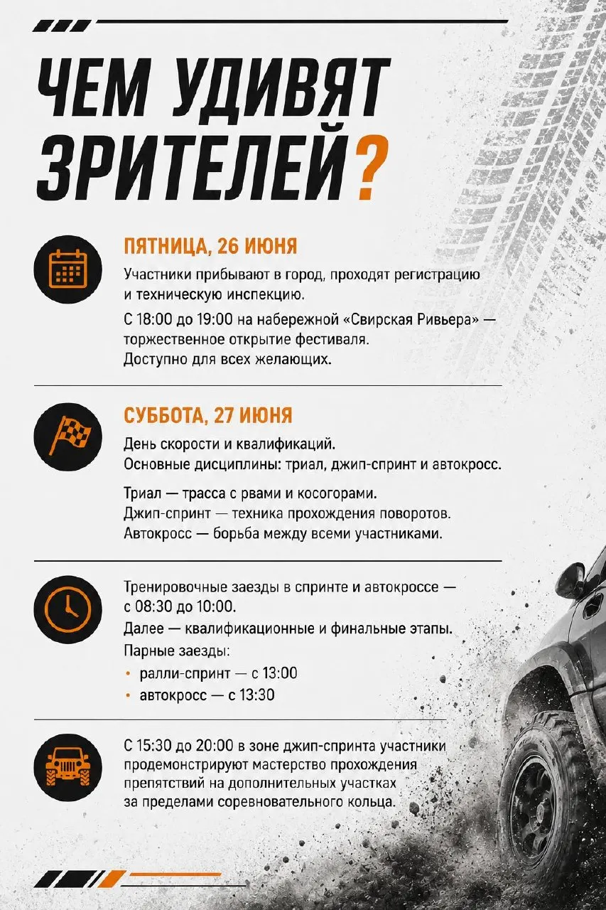 На набережной «Свирская Ривьера» пройдут ралли-спринт, авто‑кросс, эндуро, джип‑спринт, триал и большая автовыставка. Вход для всех возрастов (0+).