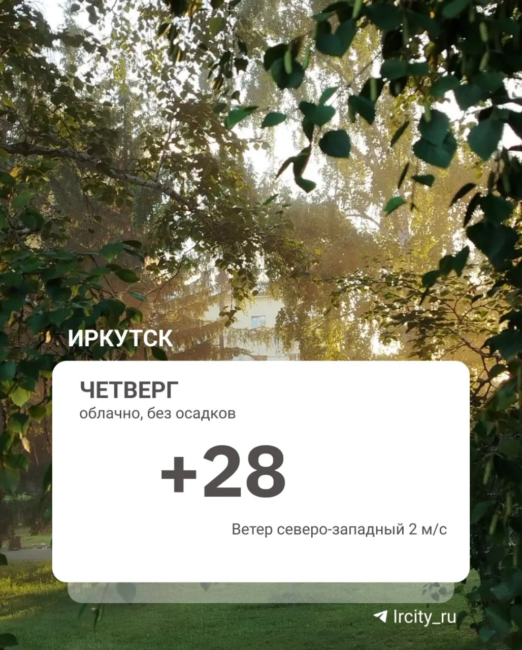 В Иркутске ожидается переменная облачность и небольшой дождь. По области пройдут кратковременные дожди, в отдельных западных районах — ливни; температура ночью опустится до +12, днём при прояснениях прогреется до +30, при облачности — до +22.