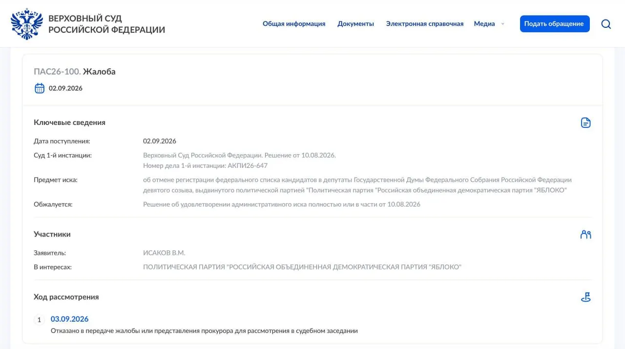 ВС отказался передать жалобу к рассмотрению; партия намерена обратиться в Конституционный суд России.
