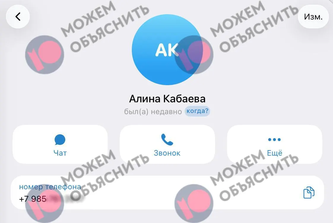 Сообщается об установленной связи зарегистрированного номера с аккаунтом Алины Кабаевой на Госуслугах и портале здравоохранения Москвы, на фоне ограничений Telegram в России.